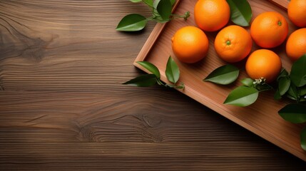 Fresh tangerines, complete with leaves, arranged in a wooden crate against a backdrop of deep, dark wood.