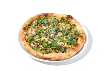 Italian pizza with cheese and mushrooms, topped with fresh arugula