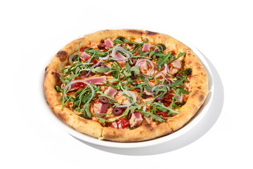 Gourmet tuna and olive pizza in nicoise style on a white background