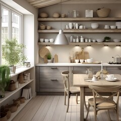 a kitchen that combines rustic charm with Scandinavian simplicity. Picture white-washed wood, open shelving, and minimalistic decor
