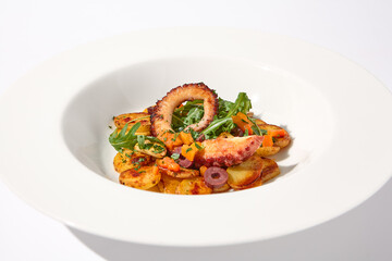Grilled Octopus Tentacles with Potato Gratin Isolated on White Background