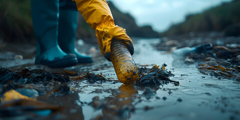 A volunteer collects garbage on a muddy beach. Close-up hand. The concept of Earth Day. Bottom view