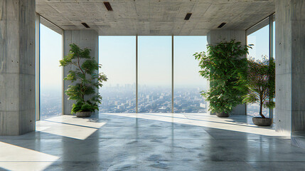 Modern City View from Empty Room, Contemporary Architecture and Design, Bright and Spacious Interior
