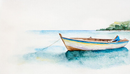 Boat on a light background. Vacation and summer holiday concept, watercolor, illustration