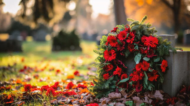 Wreaths on the grave at the cemetery during the sunset.