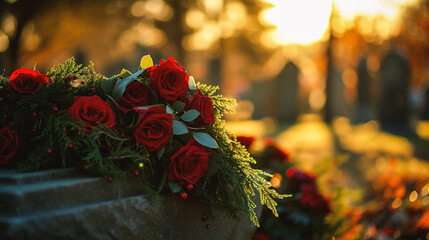 Red flowers on a tombstone in a cemetery at sunset in autumn