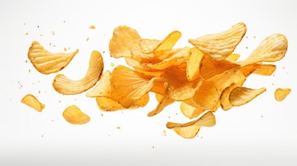 Isolated potato chips displayed on a pristine white background.