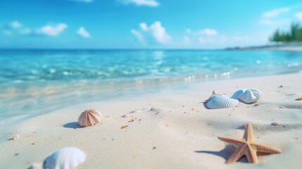 Fototapeta na wymiar Sea shells on the sandy beach. Summer vacation concept.
