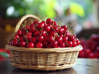 Fototapeta na wymiar fresh cherry in basket on market background day light
