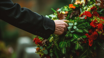 Elderly man arranging flowers in front of grave at cemetery