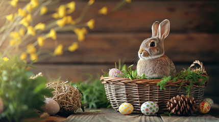 A cute bunny sitting in a basket, Easter themed background