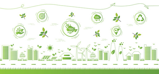 The concept of carbon credit with icons. Tradable certificate to drive industry and company to the direction of low emissions and carbon offset solution. Green vector illustration template. - obrazy, fototapety, plakaty