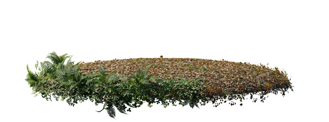 round surface patch covered with flowers, green leaf rock fern or dry grass isolated on white...