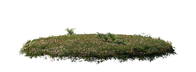 round surface patch covered with flowers, green leaf rock fern or dry grass isolated on white...