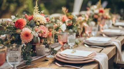 Banquet luxury wedding with flowers decor on the table - obrazy, fototapety, plakaty
