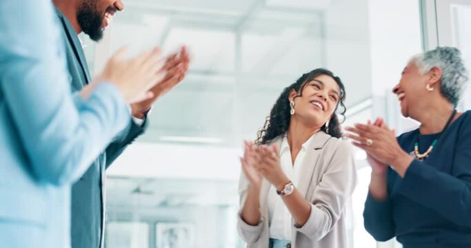 Business, teamwork and people stack hands in celebration of success with applause for group collaboration. Team building, circle and professional huddle with support for mission and goals together