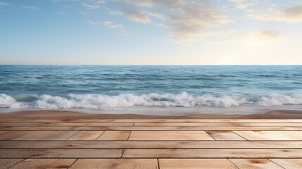 Wooden walkway winds along the coastline, with the boundless sea and the azure sky as its backdrop.
