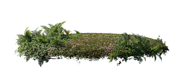 round surface patch covered with flowers, green leaf rock fern or dry grass isolated on white background. Realistic natural element for design. Bright 3d illustration. © Nawaphon