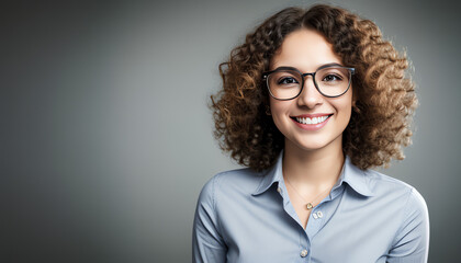 Obraz premium Young beautiful woman with curly hair and piercing wearing striped shirt and glasses happy face smiling with crossed arms looking at the camera. Positive person.