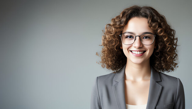 Young beautiful woman with curly hair and piercing wearing striped shirt and glasses happy face smiling with crossed arms looking at the camera. Positive person.