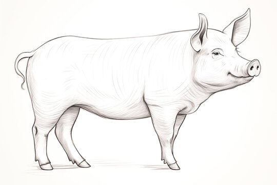 Handmade sketch drawing of a farm pig, with pencil on white background