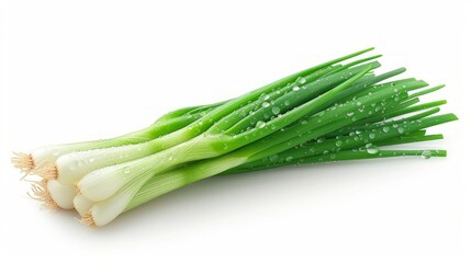 Fresh spring onions elegantly arranged on a clean white background. This composition emphasizes the green stems and white heads of the onions. and appetizing