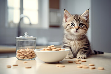 Cute kitten sitting in the kitchen