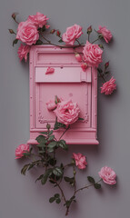 a pink letterbox with pink roses surrounds by gray background