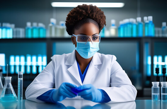 A Black Female Laboratory Technician In A Lab Coat And Wearing Safety Glasses Conducts Chemical Experiments.