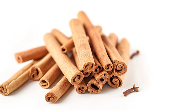 The Close Up Photo a Bundle of Cinnamon Sticks with Their Distinct, Spiraled Bark, Positioned Against a Clean, White Background, Perfect for Culinary Blogs or Aromatic Themed Visuals.