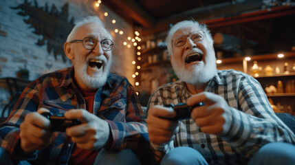 Fototapeta premium Two happy retired old men playing video games holding gamepads , elder people playing videogames concept image background