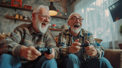 Two happy retired old men playing video games holding gamepads , elder people playing videogames concept image background - obrazy, fototapety, plakaty