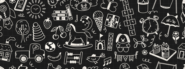 Seamless pattern with daycare doodle elements. Rocket, hopscotch, toys, horse, house, sun and other elements. Scribbled with chalk texture. - obrazy, fototapety, plakaty