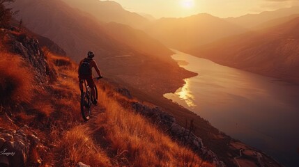 Cyclist Riding the Bike in the Beautiful Mountains Down the Rock on the Sunrise Sky Background. Extreme Sport and Enduro Biking Concept