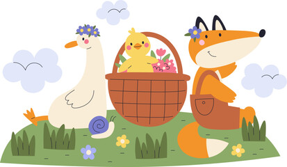 Goose, Chick And Fox On Meadow