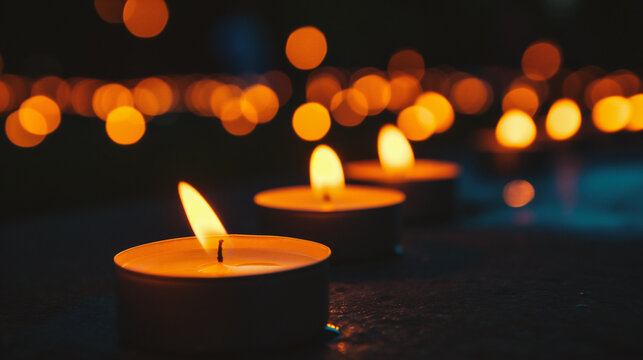Burning candles in the cemetery at night, shallow depth of field