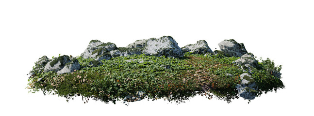 round surface patch covered with flowers, green leaf rock fern or dry grass isolated on transparent...