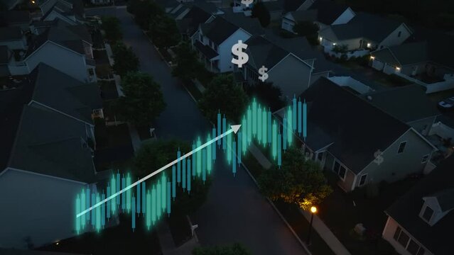 American neighborhood with rising candlestick chart animation. Suburban housing development at dusk. Bullish stock market graph symbolizing rising home prices. Inflation in United States. Aerial.