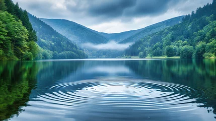 Muurstickers Misty Lake Morning, Serene Forest Reflection, Peaceful Natural Scenery, Autumn or Spring Landscape © MdIqbal