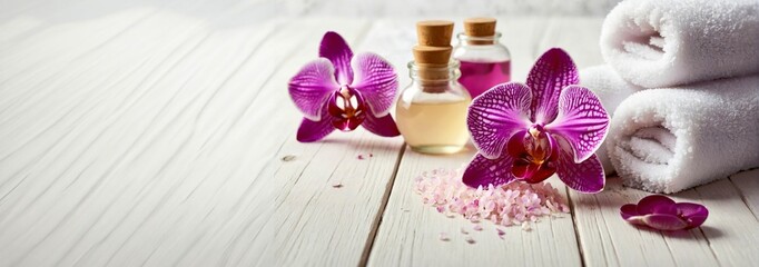 Pink spa sea salt, aroma oil, white towels and purple orchid on white wooden background. Banner,...