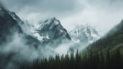 Grayscale Mountain Range Showing Limitless Peaks and Alps Covered in a Moody Fog - Cinematic Color Grading Showcasing Emotionality of Nature and the Outdoors - Cold and Snowy Mountaintops - obrazy, fototapety, plakaty