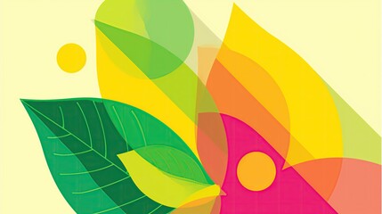 A green leaf and a pink flower are seen in close proximity, showcasing the vibrant colors of nature. abstract colorful ilustration