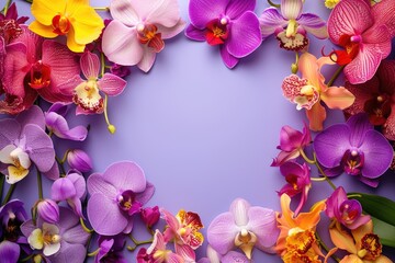 Fototapeta na wymiar Frame made of beautiful orchids on lavender background, with space for text, concept of Valentine Day, Mother Day, Women Day