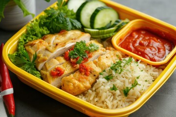 Indonesian food chicken rice tempe vegetables and chili sauce
