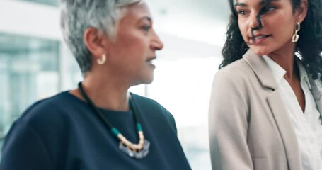 Tablet, talking and walking with business people in lobby of office together for planning or discussion. Technology, feedback or schedule with mentor and woman employee in workplace for research