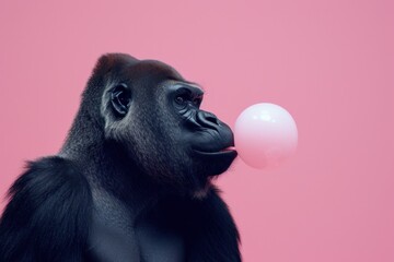 A stunning side profile of a gorilla blowing a bubble gum against a pink background, highlighting a contrast between nature and human-like behavior - obrazy, fototapety, plakaty