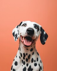 Smiling dalmatian dog with black spots posing against an orange background in a studio setting
