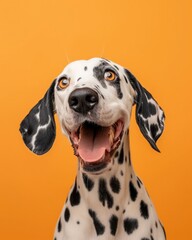Close-up portrait of a cheerful dalmatian dog with a wide smile and a bright orange backdrop