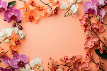 Naklejka na ściany i meble Frame made of beautiful peach on yellow background, with space for text, concept of Valentine Day, Mother Day, Women Day