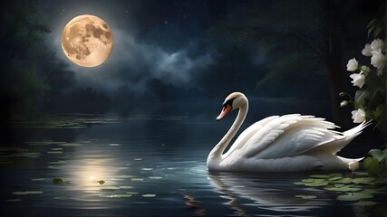 two swans on the lake Graceful swan gliding across a serene moonlit pond